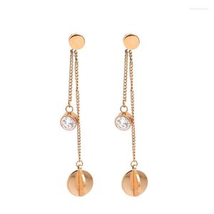 Studörhängen länge för kvinnor flickor Tassel Zircon Rose Gold Titanium rostfritt stål charms smycken inte blekna gåva (KGE003)