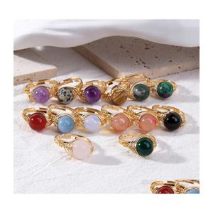 Anelli a grappolo Wire Wrap 10Mm Beads Healing Natural Stone Druzy Crystal Oro regolabile Ametista Lapis Quarzo rosa Anello da donna Party W Dhyx5