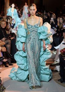 Zuhair Murad evening dress with sequins and pearls sexy suspenders Lake blue dress