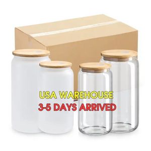 US STOCK Sublimation Wine Glasses Beer Mugs with Bamboo Lids And Straw DIY Blanks Frosted Clear Mason Jar Tumblers Cocktail Iced Coffee Soda Whiskey Cups ss0304