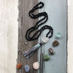 Chains Design Raw Stone Pendant Necklace Handemade Knotted Boho Jewely 8mm Star Cut Black Onyx Beaded Tassel Rough