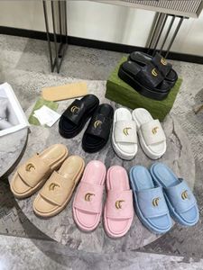 Embroidery Platform Slippers Leather Women Men Thick Bottom Sheepskin Wedge Slippers Monograms Letter Slides Vintage macaroon Sandals Beach Slider Shoes