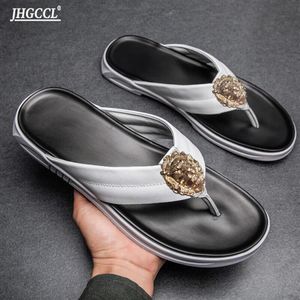 Flip-Flops Skórzowe sandały dla mężczyzn Kapcie Cowhide Lets Luksusowe akcesoria T24238U