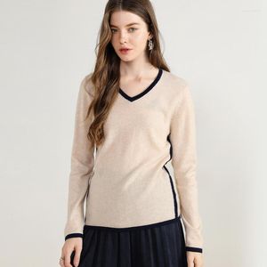 Women's Sweaters Autumn Style Cashmere V Neck Sweater Woman Contrast Long Sleeve Softness Pullovers Knitted Stylish Warm Knitwear Female