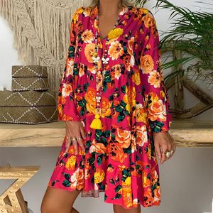 Freizeitkleider Plus Size Kleid Damen Mode Knöpfe V-Ausschnitt Langarm Sommer Lose Blumendruck Kurz Mini Strand