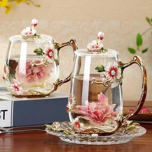 Mugs Beauty And Novelty Enamel Coffee Cup Mug Flower Glass Cups For Cold Drinks Spoon Set Perfect Wedding Gift