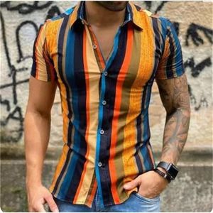 Erkek Casual Gömlek Erkek Kısa Kollu Yakasız Çizgili Baskılı Henley Tee Bluz Düğme Gömlek Gevşek Streetwear Chemise erkek