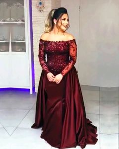 Borgonha Vestido de festa de formatura Vestidos de noite formais Meninas Concurso Sereia Ombro fora do ombro Manga comprida Aplique frisado Cetim Personalizado Novo Plus Size