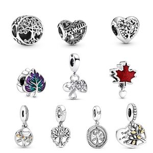 Pandora S925 Pure Silver Purple Green Red Maple Leaf Family Tree Heart Suspension Charm Suitable for Bracelet DIY Fashion Jewelry