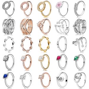 925 Silber Damen-Ring für Pandora, Original-Herz-Krone, modische Ringe, Libelle, Schleife, Prinzessin, quadratisch, glitzernd, Halo-Kristall