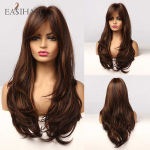 Syntetiska peruker Easihair Long Brown Wavy peruk med lugg syntetiska peruker för kvinnor Blondhöjning Naturlig hårvärmebeständig fiber 230227