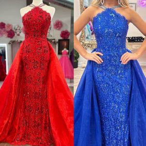 Meerjungfrau-Abschlussballkleid aus roter Spitze 2k23 mit Überrock, perlenbesetzten Kristallen, Trägern, Festzugkleid für Mädchen im Teenageralter, formelle Party, Hochzeit, Gast, rotes Cape, Laufsteg, Gala, schwarze Krawatte, Royal