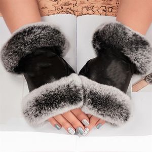 Luxury brand leather gloves and wool touch screen rabbit skin cold resistant warm sheepskin parting finger189f