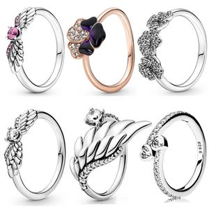 925 Silverkvinnor passar Pandora Ring Original Heart Crown Fashion Rings Purple Pansy Flower Angel Wings Feathers Forever Forever