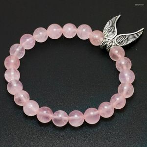 Strand Reiki Natural Pink Quartz with Angel Pendent Bracelet Women Stone Mala Beads Charms Ethnic Handmade Jewelry