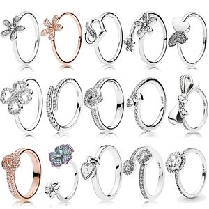 925 Silver Women Fit Pandora Ring Original Heart Crown Fashion Rings Lettering LOGO Clover Petal Bow Ring Female Models European