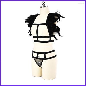 Kantboeken 2023 Sexy Women Black Feather Epaulette Bondage Belt Boho Lingerie Vest Angel Body Harness Bra Festival Dance Rave Outfits