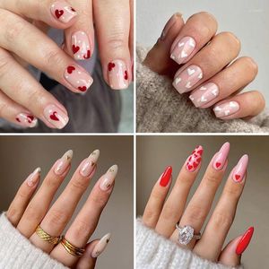 Falska naglar 24 datorer nageldekor fransk linje manikyr tryck på rött hjärta falskt täckning diy valentins dag akryltillbehör