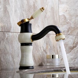 Bathroom Sink Faucets Luxury Black And Gold Solid Brass Jade Stone Waterfall Faucet Basin Vanity Mixer Tap