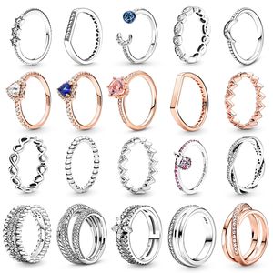 925 Silverkvinnor Fit Pandora Ring Original Heart Crown Fashion Rings Sparkling Snowflake Double Ring Crescent Moon Pärled