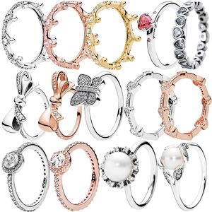 Женское кольцо Pandora из серебра 925 пробы, оригинальное кольцо в форме сердца, корона, модные кольца, сверкающая бабочка, жемчужный бант, сверкающий ореол, прозрачный циркон