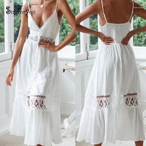 Vestidos casuais de verão sexy branco uma linha algodão crochê boêmio vestido renda de renda de retalhos sem mangas v pesco