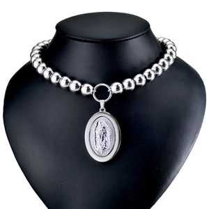 Schwere Damen Herren Edelstahl Jungfrau Maria Anhänger Perlenkette Halskette Geschenk Schmuck