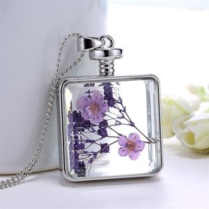 Pendant Necklaces 1PC Gold Square Glass Locket Real Flower Necklace Wish Lockets Live Plant