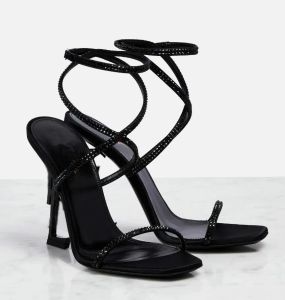 Beliebte Marke Opyum Sandalen Schuhe Kristallverzierte Knöchelriemchen Quadratische offene Zehen High Heels Schnallenverschluss Berühmte Gladiator-Sandalen der Dame EU35-43