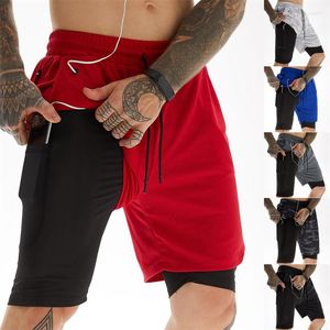 Erkek şort kulaklık deliği moda erkekler 2 içinde 1 çift katlı hızlı kuru spor fitness jogging spor salonu spor kısa pantolon