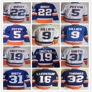 Custom Vintage New NY York Hockey Jerseys 22 Mike Bossy 5 Denis Potvin 9 Clark Gillies 19 Bryan Trottier 31 Billy Smith 32 Steve Thomas 16 P