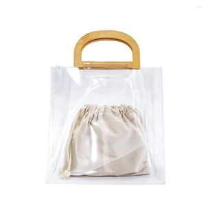 Evening Bags Clear Transparent PVC Handbag Women Candy Color Beach Bag Jelly Purse Solid Wooden Handle Tote Handbags