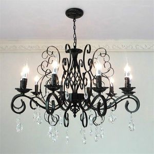 Żyrandole vintage Crystal salon lampa jadalnia czarny biały strych kutego żelaza e14 świeca oświetlenie żyrandelowe