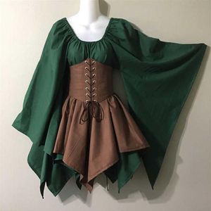 Archer Ranger Elf Fairy Elven Costume Women Glown Tunic Dress Lace Up Cincher Cosplay Woodland Forest Halloween Outfit For Girls Q0210J