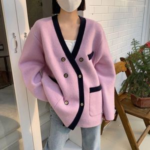 Women's Knits Korean Coat Women Winter Cardigans Full Sleeve Knitted Sweaters V Neck Knitwear Green Lady Oversized Jacket Loose Tops