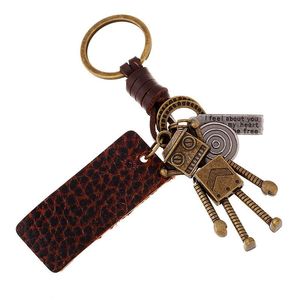 Keychains Vintage Bronze Alloy Robot Long Leather Pendant Men and Women Car Keyrings Backsack Charm Trendy smycken Tillbehör