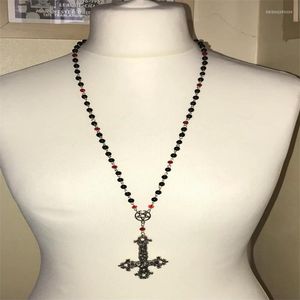 Naszyjniki wiszące gotycki odwrócony krzyż i pentagram styl różańca długi naszyjnik satanistyczna okultystyka biżuteria do góry nogami goth punkowy prezent