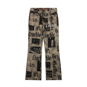 Men's Pants Vintage Spaper Gothic Alphabet Patchwork Twill Flare Overalls Men Embroidery Slim Fit Flared Trousers Distressed Wide PantMen's