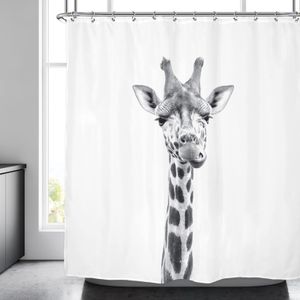 シャワーカーテン面白い動物シャワーカーテンキリンジャングルサファリトロピックアフリカの野生生物黒と白のモダンなデザイナークールバスルーム装飾230303