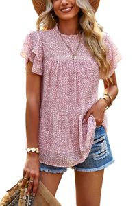 Women Shirts Ruffle Short Sleeve Polka Dot Chiffon Blouses Loose Fit Causal Trendy Summer Tops