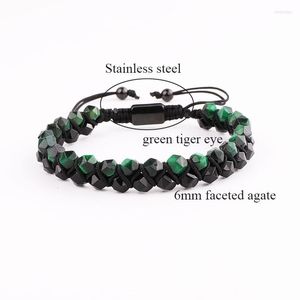 Strands Strand Design Gemstone Faceted Black Agate Tiger Eye Stone Double Beads Macrame Bracelet For Men Women Jewelry Gift