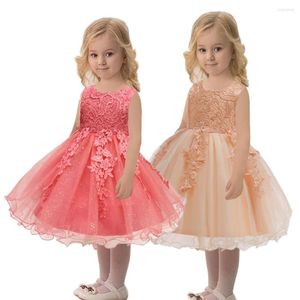 Flickaklänningar 2023 Style Pageant Tull Kids Party Dress Lace Gold Formal Girl Ball Gown 2-10 år Korallblomma för bröllop