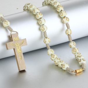 Pendant Necklaces Engraved Cross Plastic Rosary Beads Rope Necklace For Women Statement Religious Jewelry Jesus Collier Gift CN23