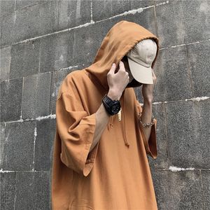 Herrtröjor Elqmilk Cotton Harbour Style Summer Ins Retro Short-Sleeved Hooded Korean Loose Sweatshirt Solid Color Chic Streetwear