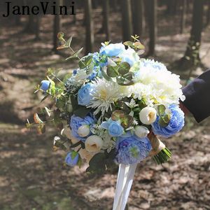 Wedding Flowers Janevini Sky Blue Rose Articielle Bouquet voor bruid Silk Bruidsmeisje Bloem Ivory Peony Bridal Ramo Noiva