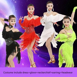 Scene Wear Girls Tassel Professional Latin Dance Dress for Competition Child Modern Standard Ballroom Kids Spanien 89Stage