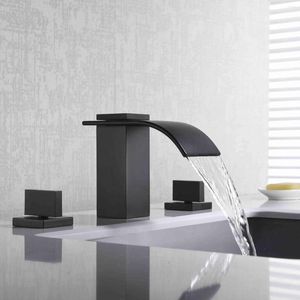 Rubinetti per lavandino del bagno Rubinetto per lavabo in ottone di lusso con acqua fredda Rubinetto a cascata Rubinetto nero opaco 3 fori 2 maniglie Vanità da 8 pollici