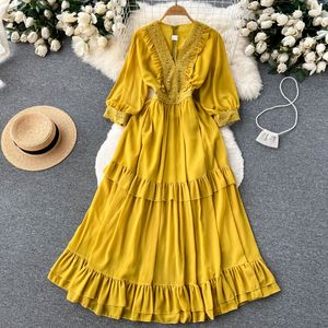 New Autumn Solid Slim Chiffon Lady Casual Dresses Full A Line O Neck Pullover Mid-Calf High Waist Women 2023