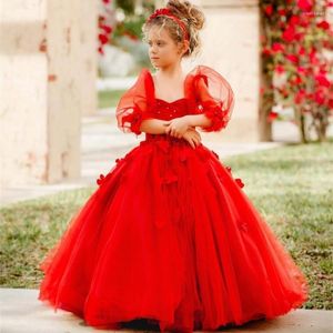 Girl Dresses Girl's Dress Red Flower 3D Floral Flowers Birthday Party Toddler Pageant Gown Sweep Train Tulle Kids Communion Communion