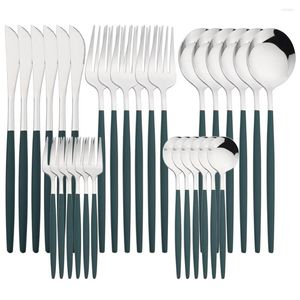 Flatware Sets 30pcs Green Silver Dinnerware Set Knife Coffee Spoon Fork Dinner Tableware Stainless Steel Cutlery Western Kitchen